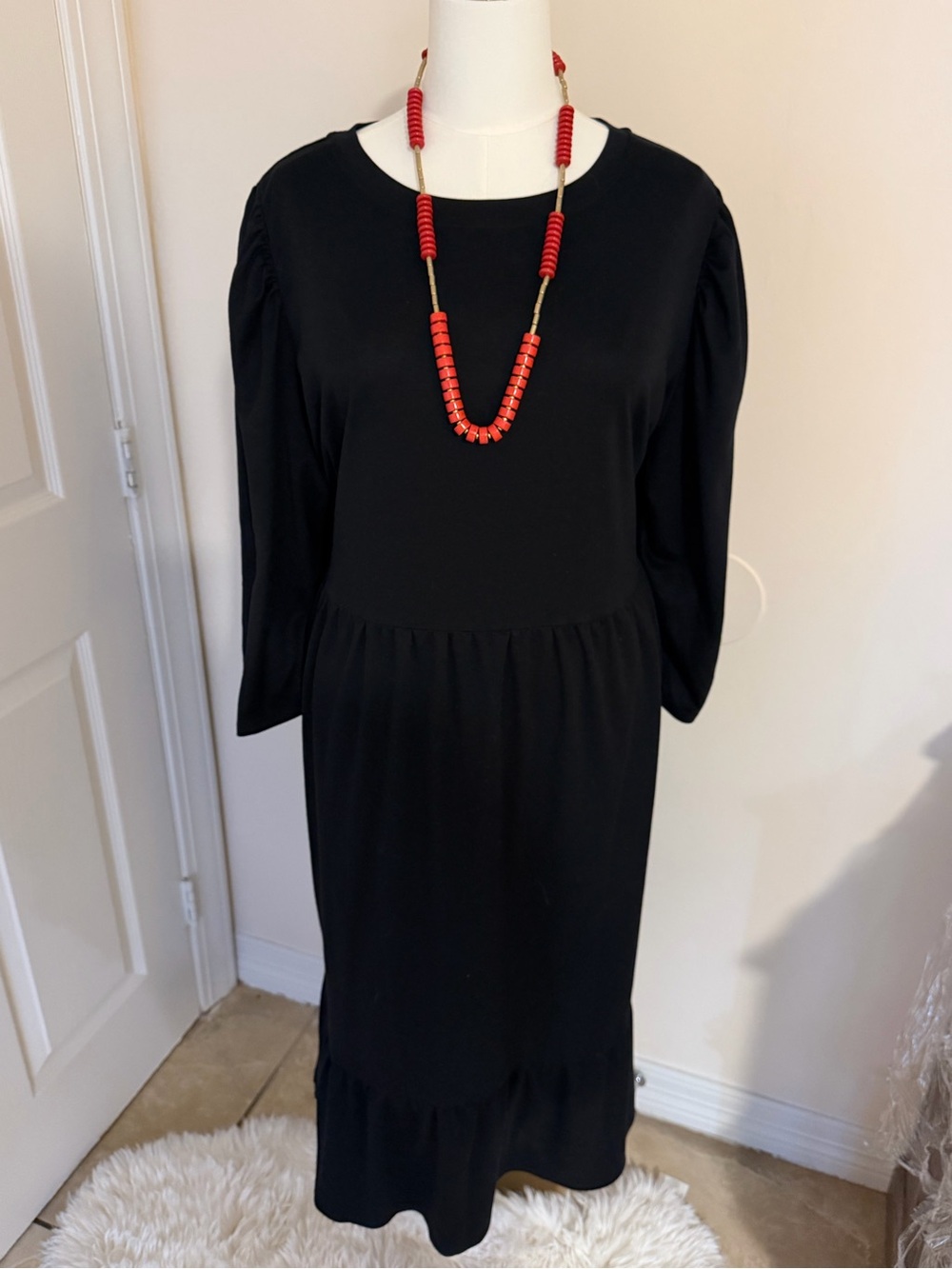 Who What Wear Black Long Sleeve Midi Dress with Ruffle Hem